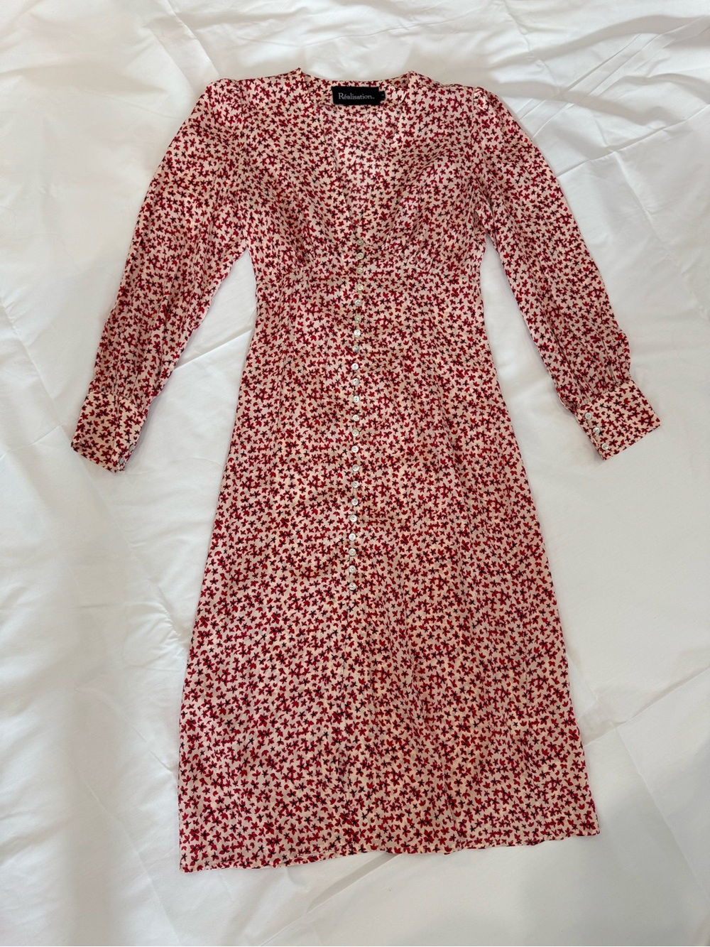 Realisation Par Red and White Floral Midi Vivienne Dress size M